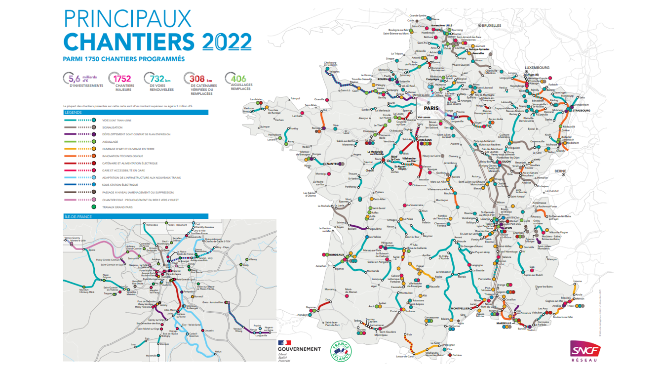 Illustration de la carte nationale des principaux chantiers en 2022