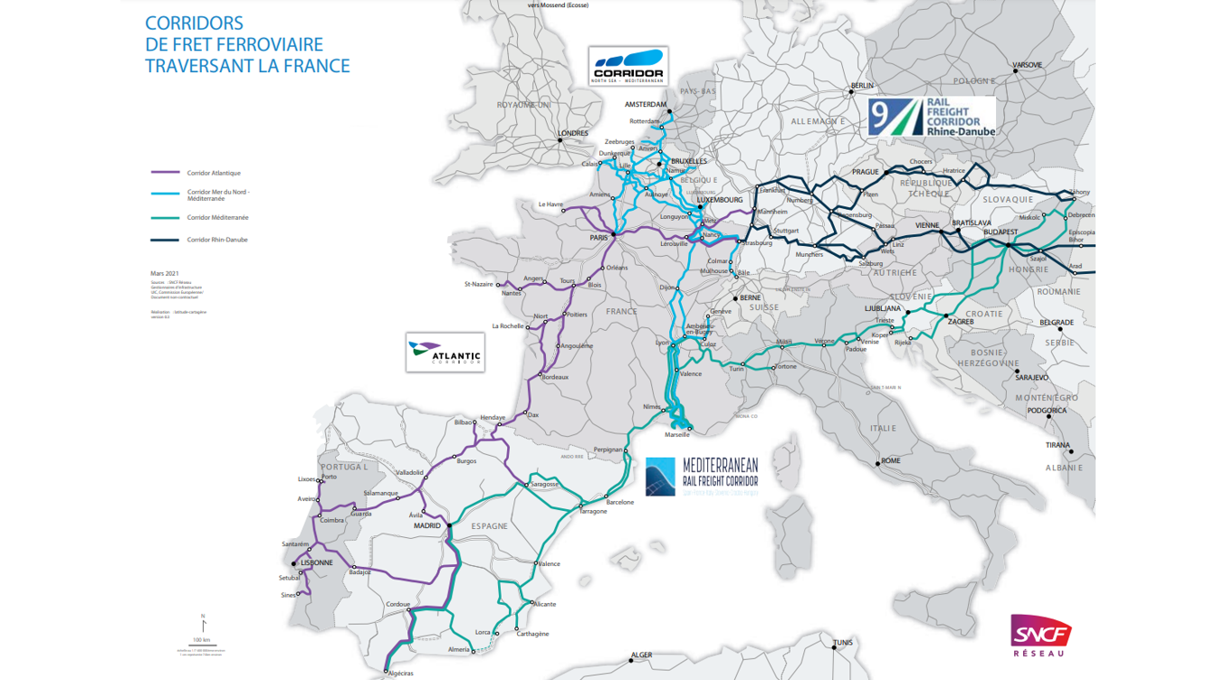 Illustration d'une carte des corridors européens de fret ferroviaire traversant la France