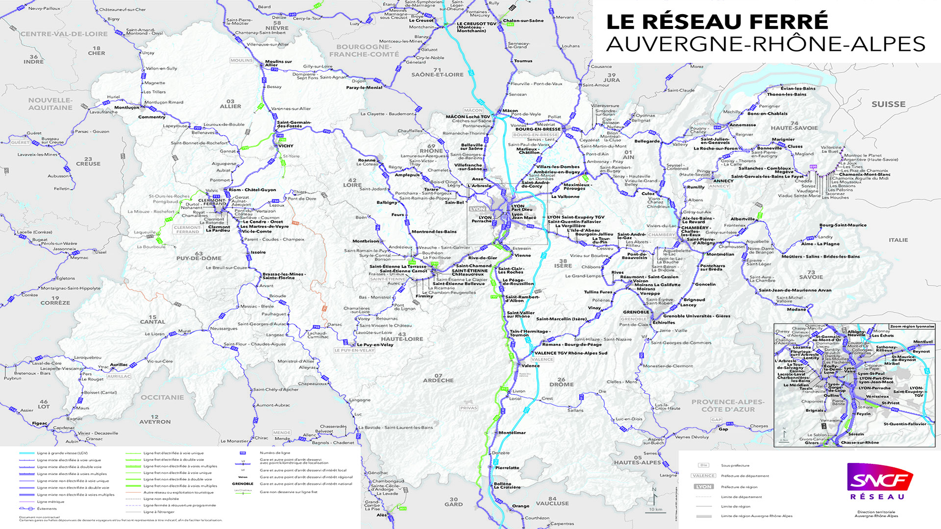 Carte du réseau ferré national en Auvergne-Rhône-Alpes
