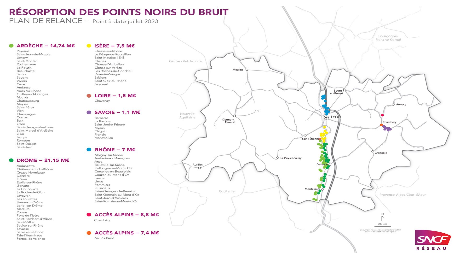 Carte du plan de relance de la résorption des points noirs du bruit en AURA 