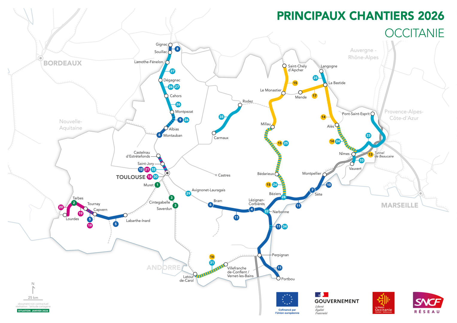 Carte des principaux chantiers 2026 en Occitanie