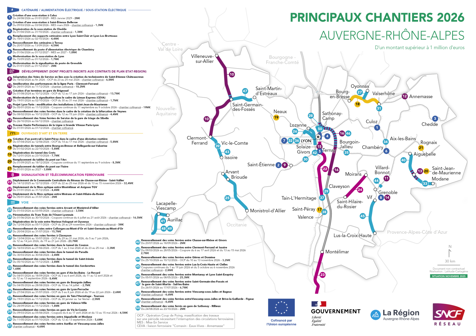 Carte des principaux chantiers 2026 en Auvergne-Rhône-Alpes