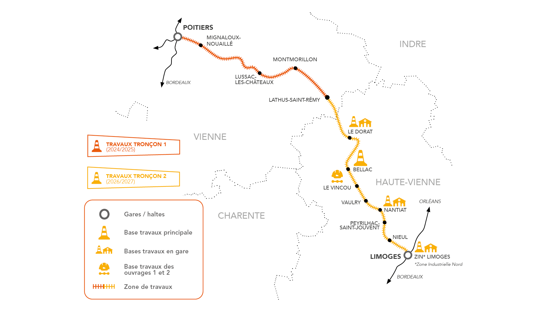 Carte des travaux Poitiers-Limoges