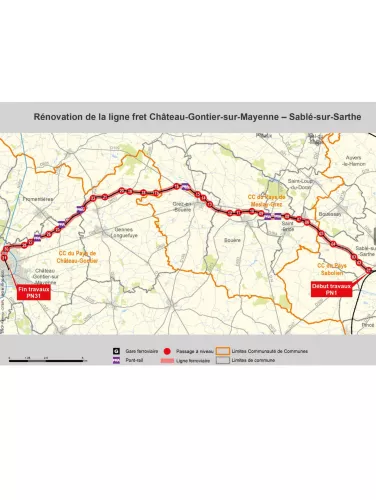 carte avec pour titre, Rénovation de la ligne fret Château-Gontier-sur-Mayenne - Sablé-sur-Sarthe. En bas de la carte, une légende est présente : elle indique la gare ferroviaire, les passages à niveau (au nombre de 31) représentés par des ronds rouges, les limites de la Communauté de Communes tracées en orange, les 6 ponts-rails en violet, ainsi que la ligne ferroviaire et les limites des communes en traits gris. 