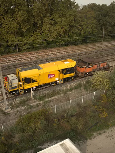 Train désherbeur en circulation sur des rails entourés d'arbres