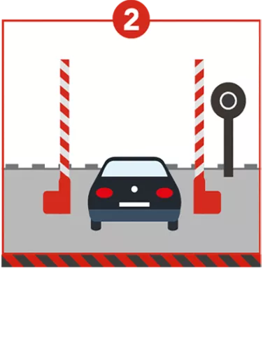 Infographie représentant une voiture devant les barrières ouvertes d'un passage à niveau
