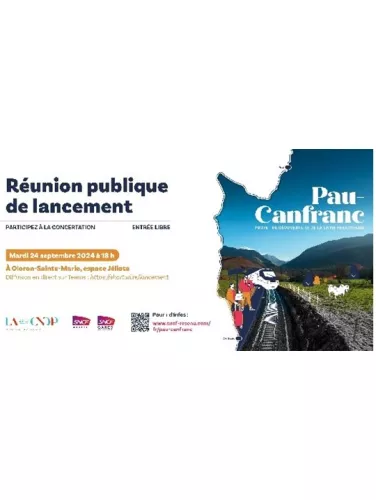 Réunion publique de lancement de la concertation Pau-Canfranc le mardi 24 septembre 2024, à 18h, Espace Jéliote, Rue de la Poste, à Oloron-Sainte-Marie