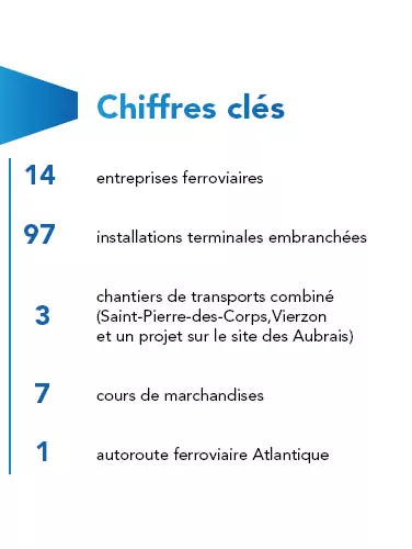 14 entreprises ferroviaires, 97 installations terminales embranchées, 3 chantiers de transports combiné (Saint-Pierre-des-Corps, Vierzon et un projet sur le site des Aubrais), 7 cours de marchandises, 1 autoroute ferroviaire Atlantique