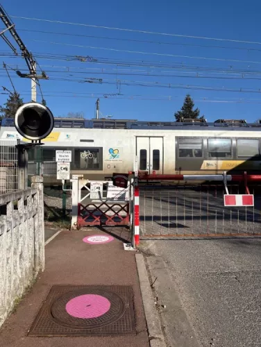 Photo d'une peinture de type nudge aux abords d'un passage à niveau