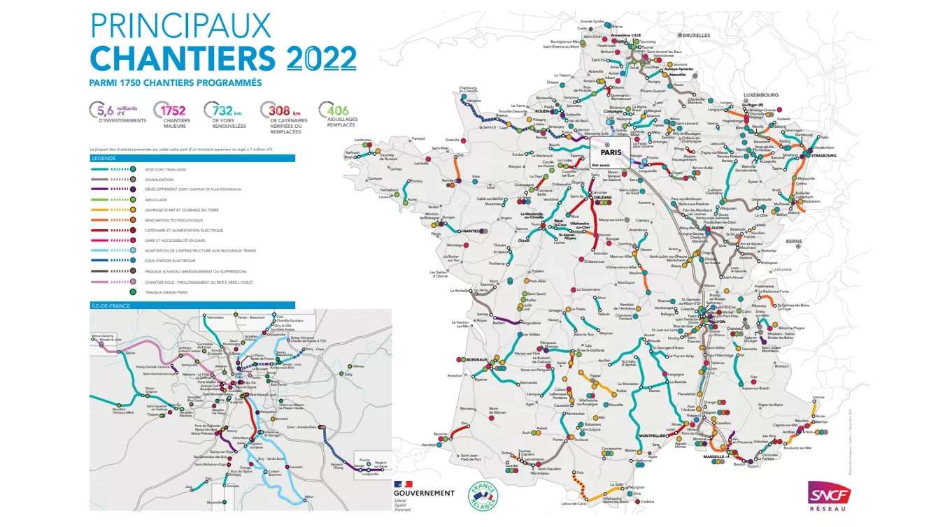 Illustration de la carte nationale des principaux chantiers en 2022