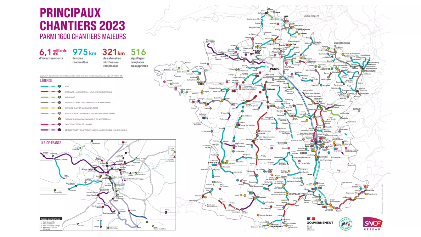 Illustration d'une carte nationale des principaux chantiers en 2023