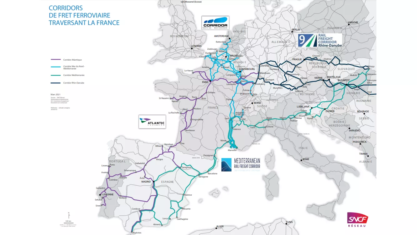 Illustration d'une carte des corridors européens de fret ferroviaire traversant la France