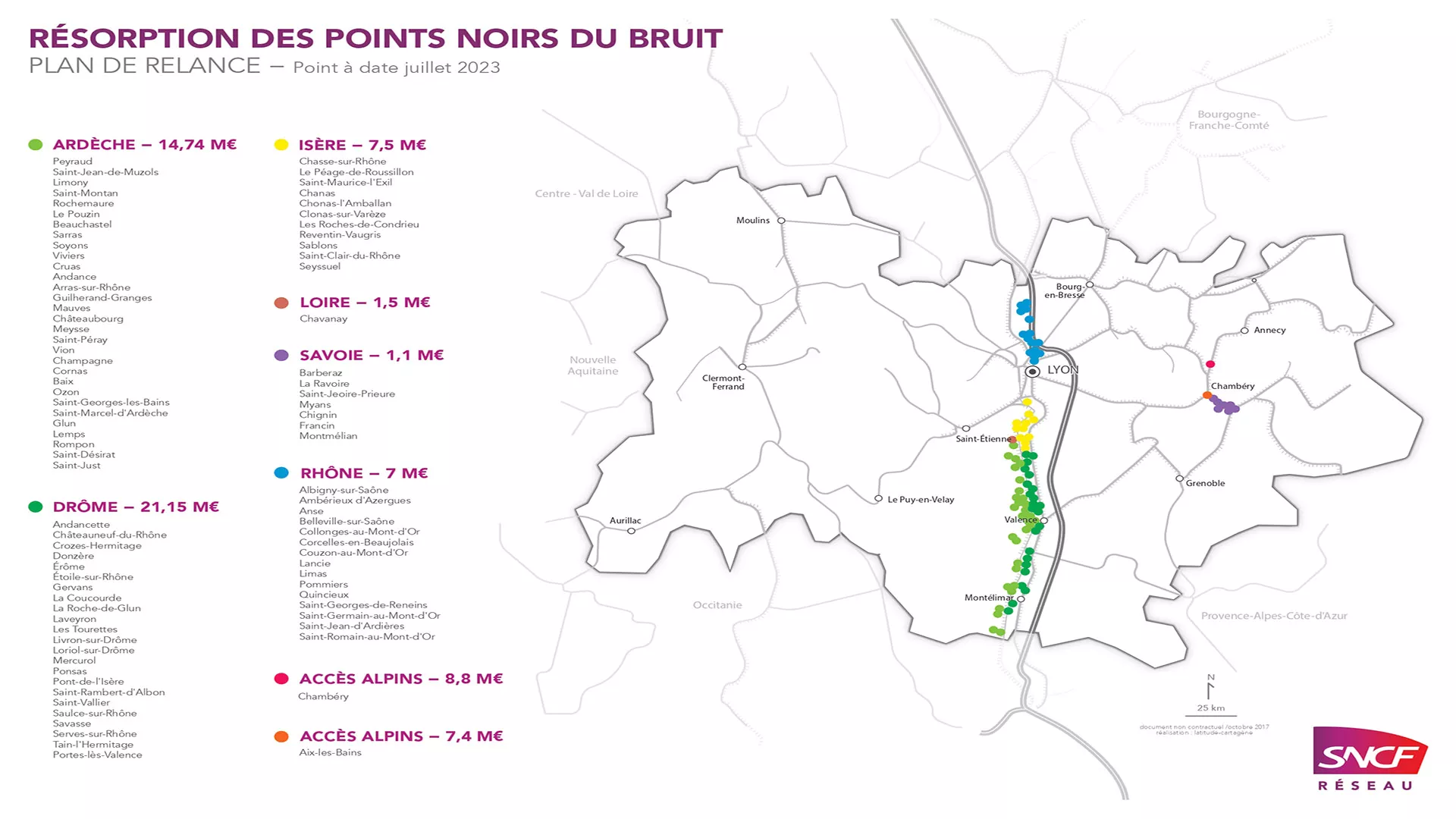 Carte du plan de relance de la résorption des points noirs du bruit en AURA 
