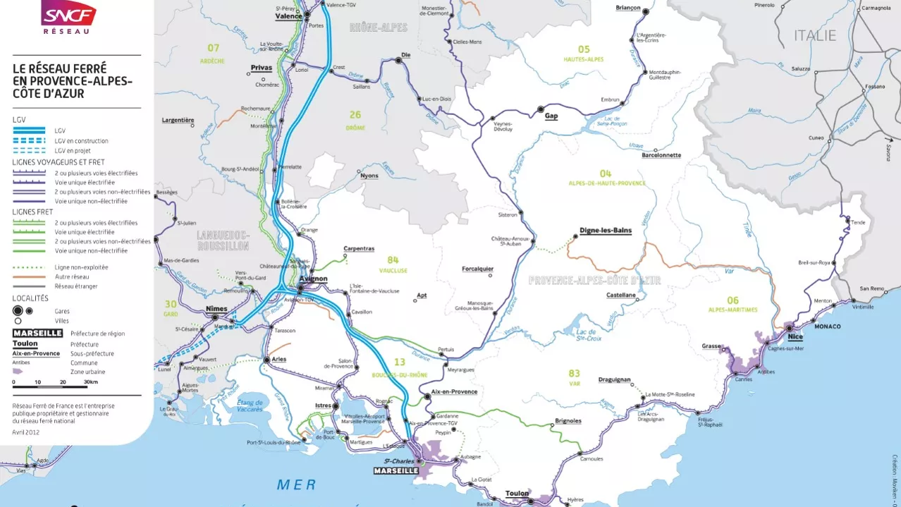 Carte du réseau ferré en Provence-Alpes-Côte d'Azur