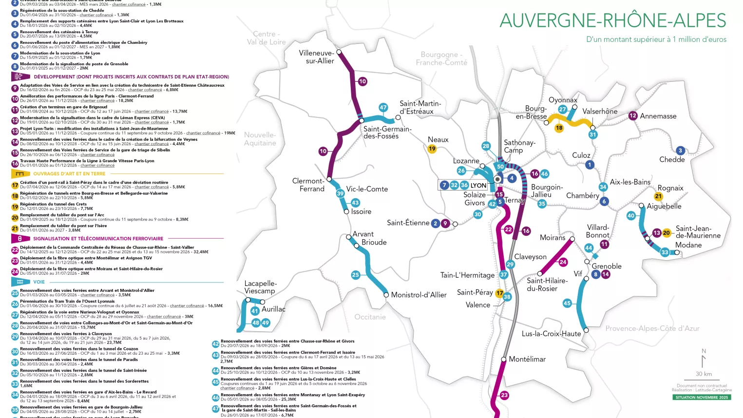 Carte des principaux chantiers 2026 en Auvergne-Rhône-Alpes