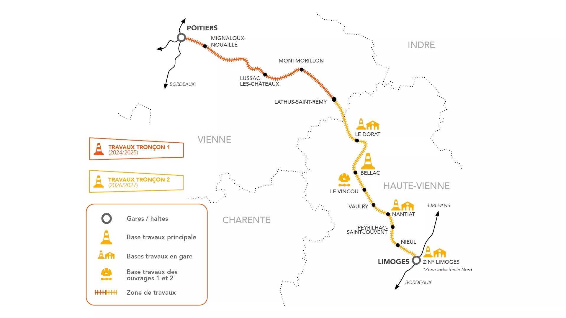 Carte des travaux Poitiers-Limoges